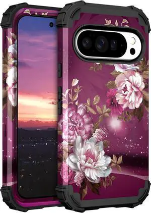 for Google Pixel 10 Case Shockproof Heavy Duty Protection Hard Plastic+Silicone Rubber Bumper Hybrid Protective Case for Google Pixel 10/10 Pro 6.3 2025 - Royal Purple Flowers