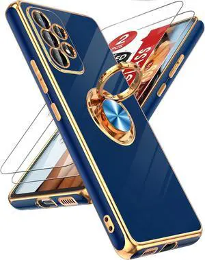 for  Galaxy A53 5G Case with Tempered Glass Screen Protector [2 Pack] 360° Rotatable Ring Holder Magnetic Kickstand Plating Rose Gold Edge Protective Case Blue