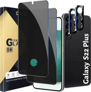 [2+2 Pack] Privacy Screen Protector Compatible with Galaxy S22 Plus 5G 2 Tempered Glass with 2 Camera Lens Protectors HD-Clear Bubble-Free Anti-Spy Scratch-Resistant