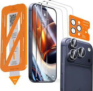 [1-Second Auto-Install] 3 Pack Screen Protector for iPhone 17 Pro [6.3 Inch] + 1 Set Camera Lens Protector Shatterproof Tempered Glass [Military Grade Protection] Anti-Finger Case Friendly