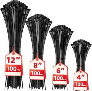 Cable Zip Ties 400 Pack Black Assorted Sizes 12+8+6+4 Inch Multi-Purpose Self-Locking Nylon Cable Cord Management Plastic Wire Ties for Home Office Garden Workshop. By