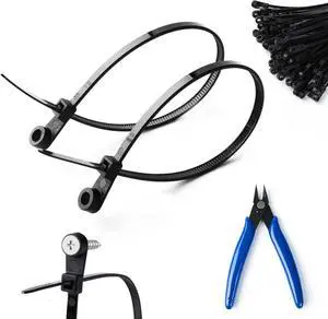 Zip Ties with Screw Hole - 100 Pack 8 Inch Heavy Duty Zip Ties Includes Cutter 50lb Tensile Strength Self-Locking Nylon Straps for Home Office Construction Garden Workshop & More