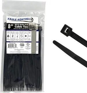 Kable Kontrol Cable Zip Ties 100 Pcs 8 Inch Black 50 Lbs Tensile Strength Self-locking UV Resistant Plastic Nylon Wire Ties for Indoor or Outdoor Use
