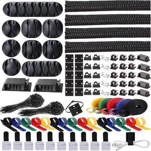 300PCS Cable Management Kit 4 Cable Sleeve 35 Cable Clips with 11Cord Holders 20 Roll Cable Organizer Straps and 200 Fastening Cable Ties 20 Cable Zip Tie Mounts for Computer TV Under Desk