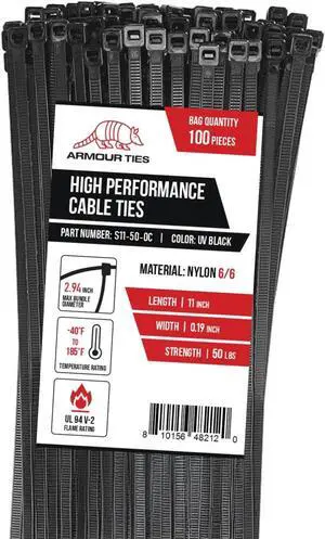 11-inch Black Zip Ties Heavy Duty UV Resistant Nylon Cable Ties 50lb Tensile Strength 100-Pack - Durable Wire Ties Heavy Duty Tie Straps Indoor and Outdoor Cable Management Solution by ARMOUR TIES 11-inch Black Zip Ties Heavy Duty UV Resistant Nylon Cable Ties 50lb Tensile Strength 100-Pack - Durable Wire Ties Heavy Duty Tie Straps Indoor and Outdoor Cable Management Solution by ARMOUR TIES