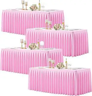 Table Skirts for Rectangle Tables 6ft 4 Pack Pink Table Covers for 6 Foot Tables Wrinkle Free Stretch Table Cloths with Pleated Skirt Fabric for Banquet Party Wedding