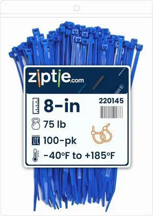 8-Inch Blue Nylon Multi-Purpose Zip Ties - 75-lb Tensile Strength Cord Management - UL 21S Listed Tie Wraps - Indoor Multi-Purpose (100-Pack)