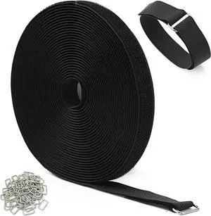 32ft Hook and Loop Straps 0.8 Inch Wide with 50 Metal Buckles Adjustable Cable Straps Fastening Nylon Cable Wire Cord Ties Black Cinch Straps for Organizing Cables and Securing Wire Cords