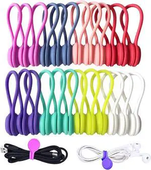 Reusable Magnetic Ties with Strong Magnet for Bundling and Organizing Cables Headphone Cables USB Charging Cords Hanging & Holding Keychain Silicone Cord Winder Magnetic Cable Clips 8 Colors - 24 Pack