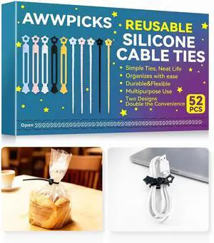 52-Pack Silicone Cable Ties Reusable Cord Organizer Straps With 2 Binding Methos Durable & Stretchable Wire Management for Home Office Travel (Multicolor)