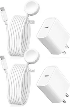 10FT for  Watch Charger Long 10 FT iWatch Portable Wireless Fast Charging Cable Cord with USB C i-Watch Charger Plug Compatible with Series 10/9/8/7/SE/6/5/4/3/2/1 2Pack