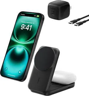 MagSafe Charger Compatible 2-in-1 Charging Station Qi2.2 25W Magnetic Wireless Charger Dock Foldable Stand with 5W USB-C Port for iPhone 17/16/15 Pixel 10 AirPods (45W Adapter Included)