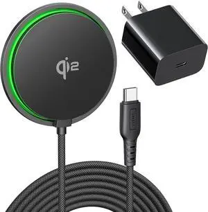 Magnetic Wireless Charger Qi2 Certified 15W Fast Mag-Safe Wireless Charging Pad with Cooling Fan Only for iPhone 17 16 15 14 13 12 Series AirPods and More (Adapter Included)