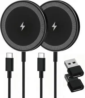 Magnetic Wireless Charger Charging Pad: 15W Qi Fast Portable for iPhone 17 16e 16 15 14 13 12 Series & AirPods 4 3 2 Pro-Google Pixel 10 Series & Galaxy S25 Qi2 Ready-USB-C/A Dual Ports 2 Pack Black