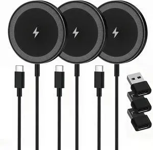 Magnetic Wireless Charger Charging Pad: 15W Qi Fast Portable for iPhone 17 16e 16 15 14 13 12 Series & AirPods 4 3 2 Pro-Google Pixel 10 Series & Galaxy S25 Qi2 Ready-USB-C/A Dual Ports 3 Pack Black