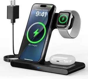 Foldable Wireless Charger Stand 3in1: Compact Qi Charging Station for iPhone 17 16 Pro Max 16e 15 14 13 12 -  Watch S11-2 Ultra SE -  4 3 2 - Office Home Travel Nightstand Desk (Black)