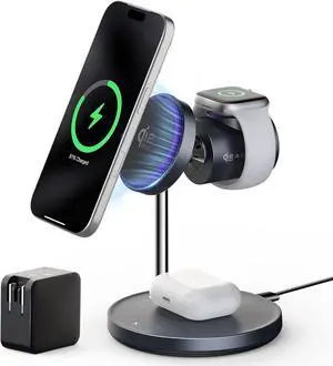 Qi2.2 25W Wireless Charger 3 in 1 Charging Station with Cooling Fan Magnetic Wireless Charger Stand Compatible with iPhone 17/16/15/14/13/12  Watch AirPods (45W GaN Adapter Included)