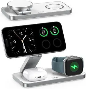 3 in 1 Wireless Charging Station for  MagSafe Charger Foldable Fast Charging Magnetic Wireless Charger Stand Travel Charger for iPhone 17 Air 16 15 14 13 12  Watch (White)