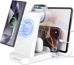 Wireless Charger for  5 in 1 Wireless Charging Station for  Charger Dock Stand for Galaxy Watch Ultra 7 6 5 4 3 Galaxy S25 S24 Ultra S23 S22 S21 Note 20 10 Z Fold Buds White