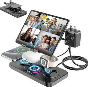 Upgrade Wireless Charging Station with Clock & 7 Color Ambient Light for iPhone17/16/15 Series  Watch 11 10 9 AirPods 4/3/2 30W desk wireless charger Multiple Devices iPad  Stand Dock