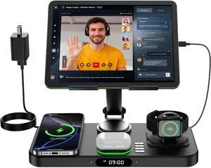 6 in 1 Wireless Charger for  Multiple Devices Charging Station with Clock &7 Color Ambient Light Foldable Rotate Stand for iPad for iPhone17/16/15 Series Support for  Watch11/10 AirPods4