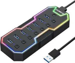 USB 3.0 Hub 7 Ports USB Expander with RGB LED Strip USB Hub for Laptop Individual LED On/Off Switches for Mac PC Desktop Flash Drive Mobile HDD USB 3.0 Hub 7 Ports USB Expander with RGB LED Strip USB Hub for Laptop Individual LED On/Off Switches for Mac PC Desktop Flash Drive Mobile HDD