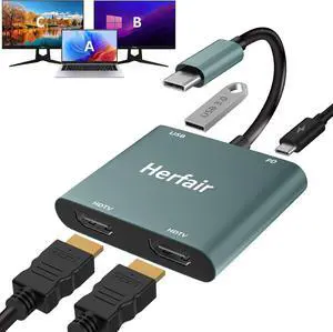 HDMI Splitter for Dual Monitors Extended Display 1 in 2 Out 4K USB C to 2 HDMI Adapter Extender for MacBook Laptop Support All Mode for Windows & Mirror Mode for MacOS