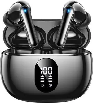 Wireless Earbuds Bluetooth 5.3 Ear Buds Hi-Fi Stereo Bass Ear Buds with 48H Playtime & LED Display Lightweight in-Ear Headphones with Mic IPX7 Waterproof Touch Control for iPhone