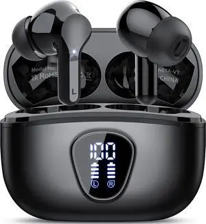 Wireless Earbuds Bluetooth 5.4 Headphones HiFi Stereo Bluetooth Earbuds with ENC Noise Cancelling Mic IP7 Waterproof in Ear Earphones 48H LED Display Ear buds for Pad Phones Workout Sports Black