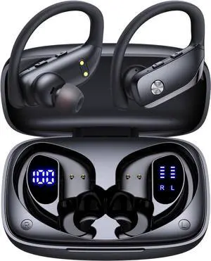 Wireless Earbuds Bluetooth Headphones Over Ear Hooks Ear Buds with 80H Playtime LED Power Display Dual Mic Clear Calls Sports Wireless Ear Buds Bluetooth Earbuds for Running Gym Workout Black