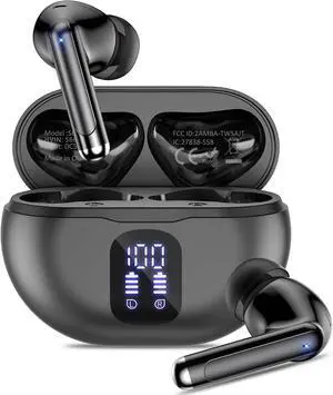 Bluetooth Headphones True Wireless Earbuds 50H Playback LED Power Display Earphones with Charging Case IPX7 Waterproof in-Ear Ear Buds with Mic for Smart Phone Computer Sports Blac