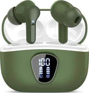 Wireless Earbuds Bluetooth 5.4 Headphones HiFi Stereo Bluetooth Earbuds with ENC Noise Cancelling Mic IP7 Waterproof in Ear Earphones 48H LED Display Ear buds for Pad Workout Sports Retro Green