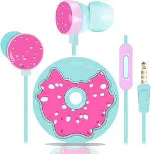 Cute Donut Earbuds for Kids Kid Size Wired Earbud & in-Ear Headphones with Microphone and Lovely Earphones Storage Case Gifts for School Girls and Boys (Sky Blue)