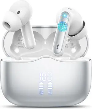 Wireless Earbud Bluetooth 5.3 Headphones Deep Bass with 4 HD Mics Wireless Headphones in Ear 40H Playtime Bluetooth Earphones with Light Weight IP7 Waterproof Ear Buds for Android IOS Silver