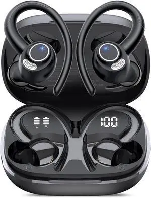 Wireless Earbuds Bluetooth 5.4 Headphones Sport Over Ear Buds With ENC Noise Cancelling Mic 48H Wireless Earphone With Earhooks Stereo Deep Bass IP7 Waterproof ear bud for Workout Running Black