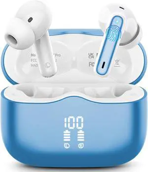 Wireless Earbuds Bluetooth 5.4 Headphones in Ear with 4 ENC Noise Cancelling Mic New Wireless Earphones HiFi Stereo Deep Bass 40H Playtime In-Ear Bluetooth Earbuds LED Display IP7 USB-C Lake Blue