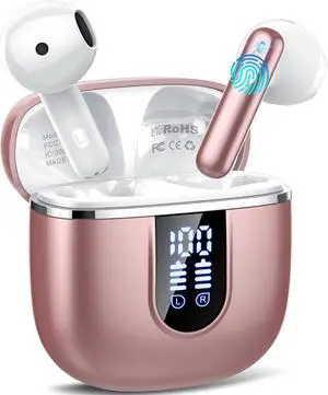 Wireless Earbuds 2025 Bluetooth 5.4 Headphones in Ear Buds 40H HiFi Stereo Bluetooth Earbuds with 4 ENC Noise Cancelling Mics IP7 Waterproof Mini Earphones with Dual LED Display USB C Pink Gold