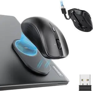 MagMouse Snap-to-Carry Bluetooth Mouse Rechargeable Wireless Mouse for Laptop with Built-in Charging Cable Reusable Adhesive Holder BT 5.0 + 2.4 GHz Connectivity Silent Ergonomic Black