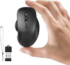Mini Wireless Bluetooth Mouse for Travel Silent Rechargeable Computer Mouse for Laptop Small Portable BT5.1/5.0 & 2.4Ghz with USB Receiver and Type C Adapter - Black
