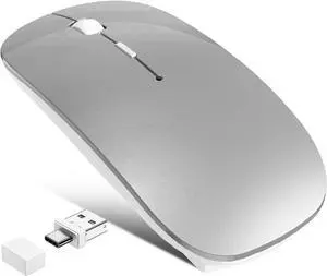 Wireless Bluetooth Mouse for MacBook Air Mac Pro iPad Laptop PC Rechargeable Slim Computer Mice Built-in Jiggler Mouse Mover 4 Mode Bluetooth 5.2/3.0 & 2.4G USB-A/Type-C Receiver - Grey