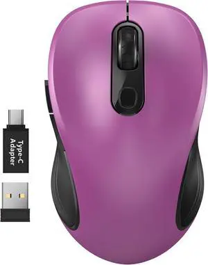 2.4G Wireless Mouse for Laptop Ergonomic Computer Mouse with USB Receiver and Type-C Adapter 3 Adjustable Levels 6 Button Cordless Wireless Mice for Windows Mac PC Notebook (Purple)