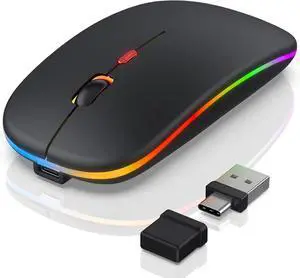 Bluetooth LED Wireless Mouse for MacBook Air iPad Pro Mac Laptop PC - Slim RGB Wireless Mouse 3 Mode BT 5.2 & 2.4G USB-A/Type-C Connectivity Portable Mice with Jiggler Mode Matte Black
