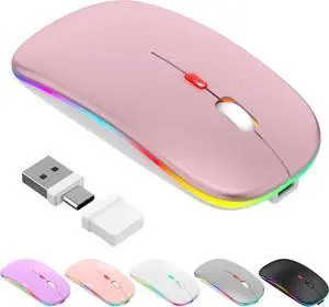 LED Bluetooth Wireless Mouse for MacBook Air Mac Pro Laptop iPad Rechargeable Silent Light-Up Optical Mouse with Jiggler Dual Mode BT5.2 & USB-A/USB-C for Students Kids Girls Boys  Rose Gold