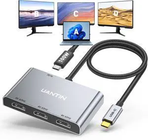 USB C to 3 HDMI Adapter with PD 100W 4K@60Hz HDMI Splitter Extended Display for Multi-Monitors Adapter for 3 Monitor Windows Allows Display 4 Separate Screens macOS Only Mirror Mode