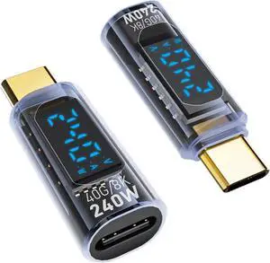 240W USB C Adapter with LED Digital Display (2 Pack) USB-C Male to Female Connector for iPhone 16/15 Series iPad Air/Pro MacBook Support Voltage Current and Power Smart Display