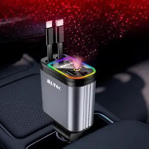 Starlight Retractable 66W USB C Car Charger 4-in-1 Fast Charging Adapter with Dual USB Ports PD & QC 3.0 for iPhone  Android (Black)