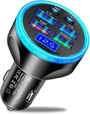 Full PD 30W Multi Port USB C Car Charger Adapter 6 in 1 with Voltage Display PD4.0/QC4.0/PPS/AFC Super Fast Charging Cigarette Lighter Adapter with Volt Meter for MacBook iPhone Galaxy Android Phones