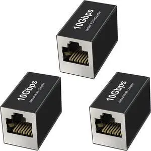 RJ45 Coupler 10Gbps [UL Listed] Gold Plated Shielded Ethernet Cable Extender with PoE Support 328ft Long Distance Extend Female to Female Coupler for Cat8 Cat7 Cat6a Cat6 Cable 3 Pack Black