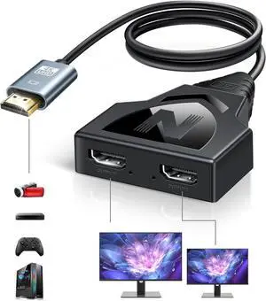 HDMI Splitter 1 in 2 Out with 1.6Ft Fixed HDMI 2.0 Cable-Mirror Display(Not Extended Display) 4K HDMI Splitter 1 Male to 2 Female Adapter (Need Power Adapter 5V 1A) Supports 1080P 3D for HDTV PS4
