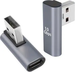 90° Angle USB C to USB Adapter 10Gbps USB 3.1 Male to USB C Female Left Angle L-Shape Connector Al Alloy Support 100W Charging for PC Laptop Tablet 2Pcs (Left Angle Vertical Bend)